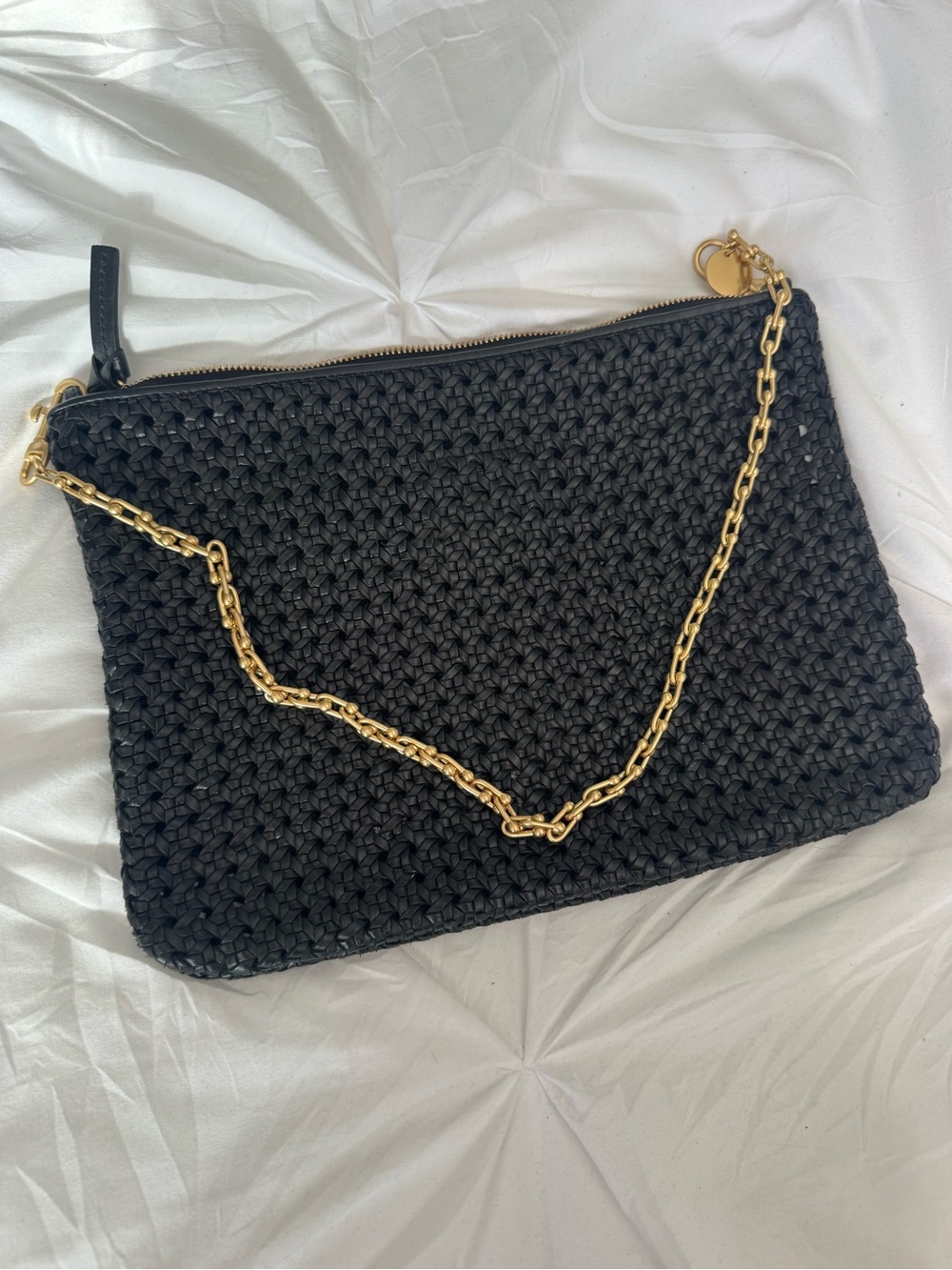 Woven Black Clutch with Gold Chain Wristlet